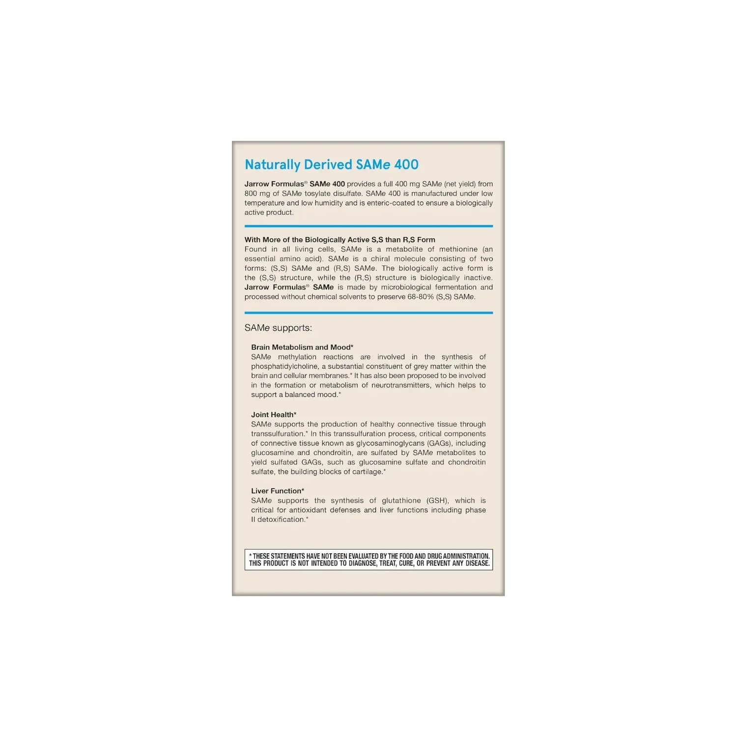 Jarrow Formulas SAMe tosilato de disulfato 400mg 30 tabs sfn
