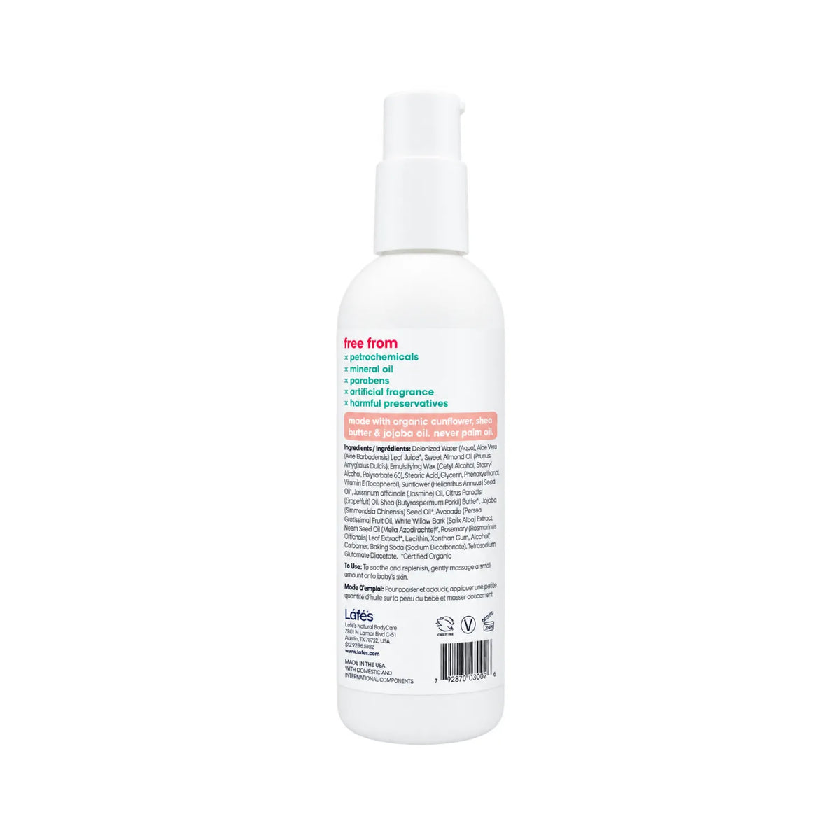 LAFE'S Loción Orgánica Nutritiva para Bebé Jazmín + Toronja 8 fl oz / 236 ml | Hidratación natural para piel delicada | Con aloe vera y aceites vegetales orgánicos | Sin fragancias sintéticas ni químicos agresivos | Loción corporal para bebé