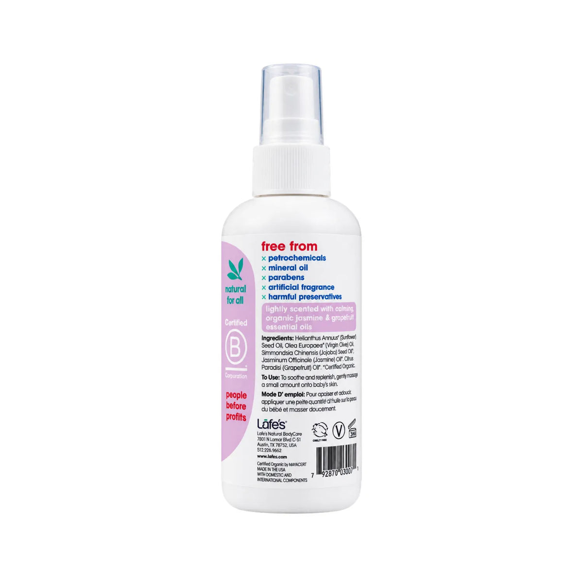 LAFE'S Aceite Orgánico Hidratante para Bebé Jazmín + Toronja 4 fl oz / 118 ml | Hidratación natural para piel delicada | Con aceites vegetales orgánicos | Sin fragancias sintéticas ni químicos agresivos | Aceite corporal para bebé