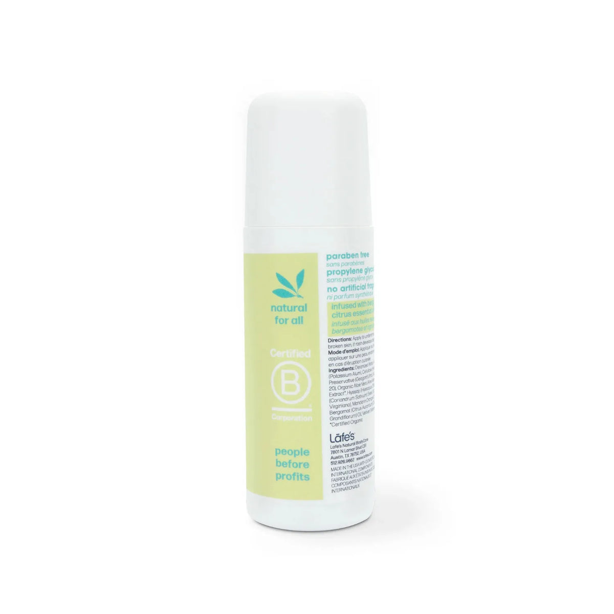 LAFE'S Desodorante Natural Roll-On Cítricos + Bergamota 3 oz | Protección contra el mal olor | Sin aluminio clorhidrato | Ingredientes naturales y orgánicos | Desodorante natural