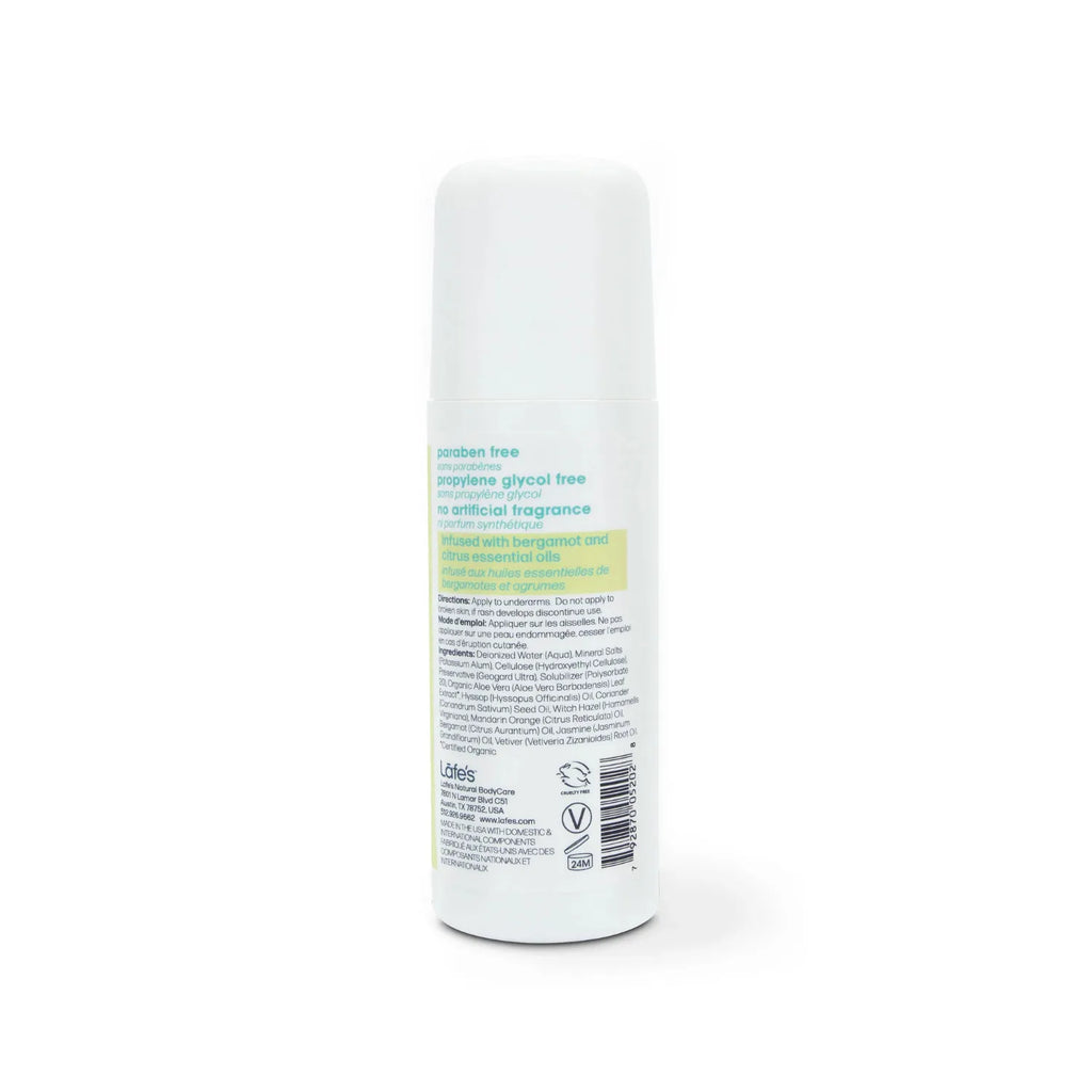LAFE'S Desodorante Natural Roll-On Cítricos + Bergamota 3 oz | Protección contra el mal olor | Sin aluminio clorhidrato | Ingredientes naturales y orgánicos | Desodorante natural