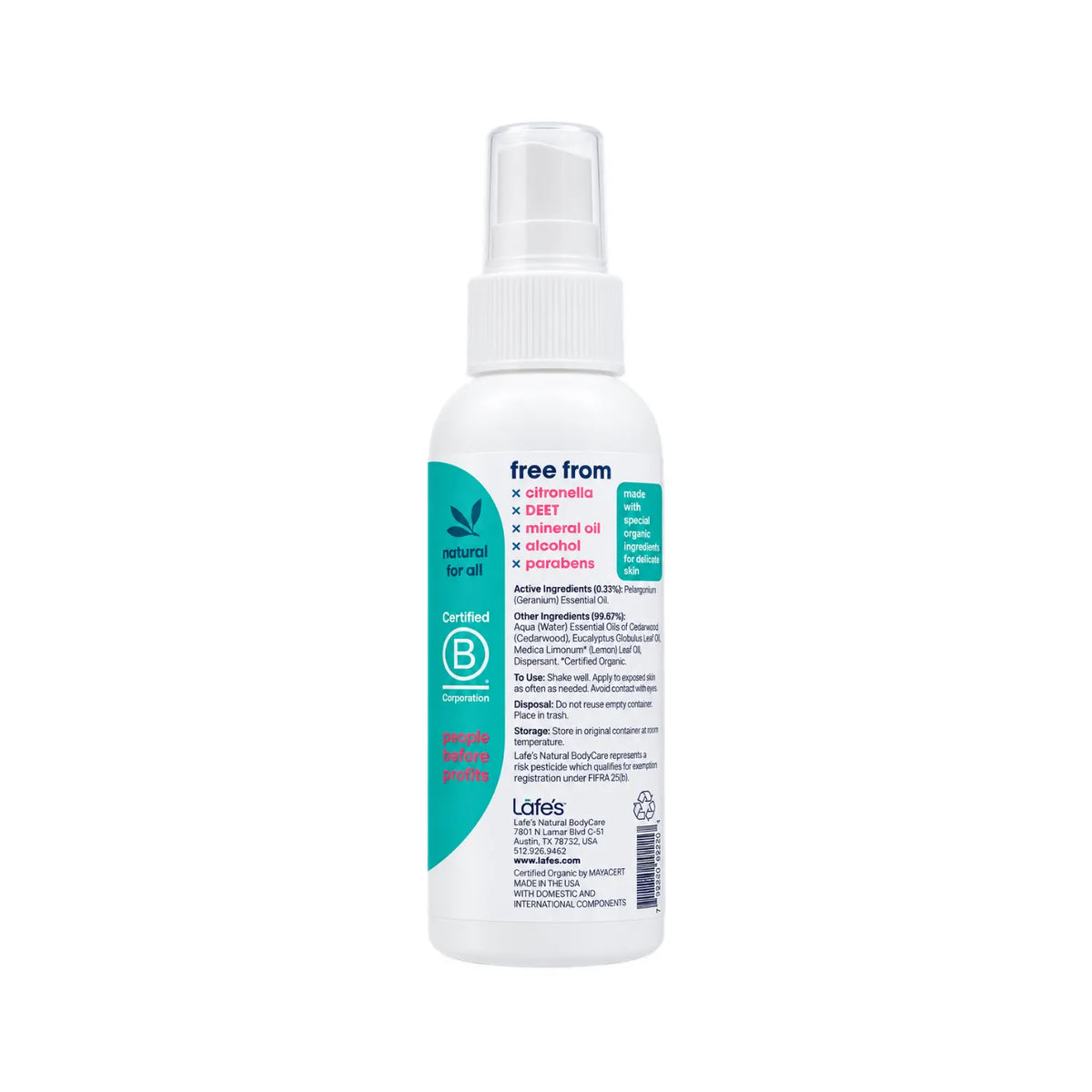 LAFE'S Repelente Natural de Insectos para Bebés 4 oz / 118 ml | Protección natural contra mosquitos y garrapatas | 97% de ingredientes orgánicos certificados | Sin DEET ni citronela | Repelente de insectos