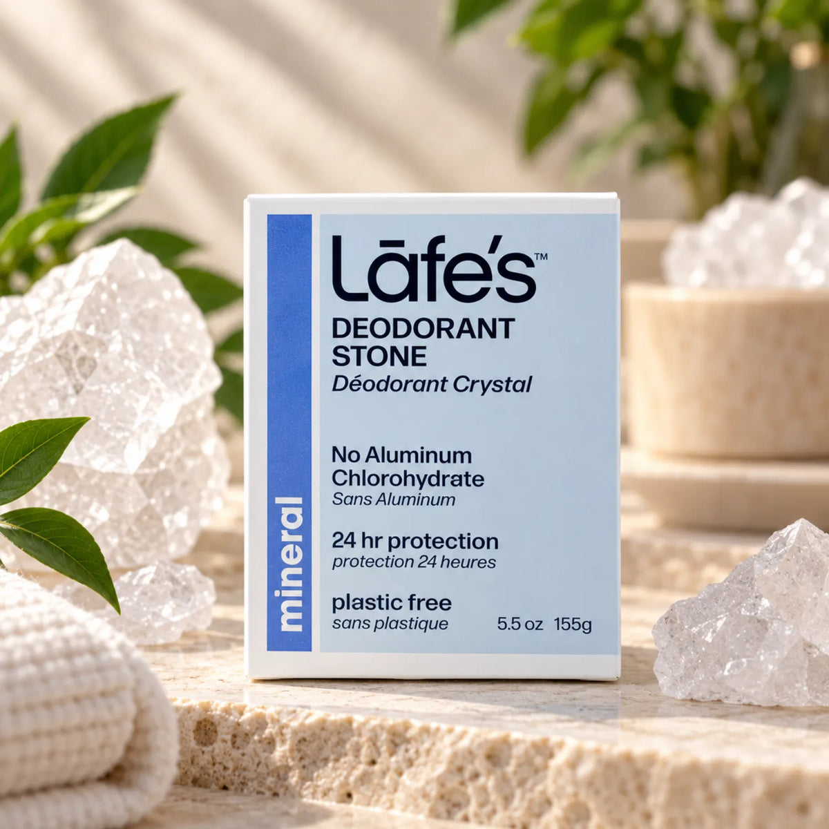 LAFE'S Desodorante Mineral Crystal Rock 155 g / 5.5 oz | Protección natural contra el mal olor por 24 horas | Sin fragancia ni clorhidrato de aluminio | Un solo ingrediente | Desodorante mineral natural