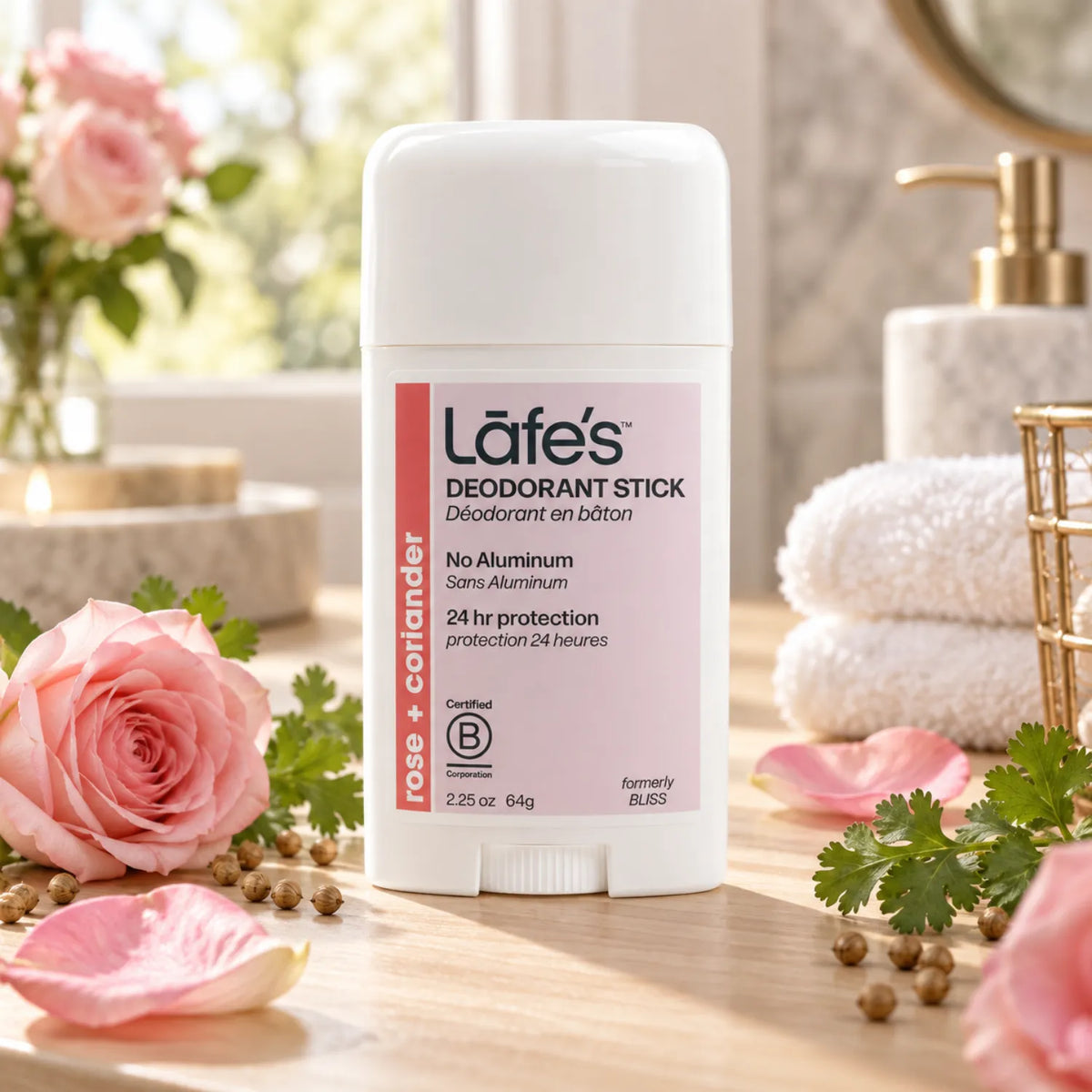 LAFE'S Desodorante Natural en Barra Rosa + Cilantro 2.25 oz | Protección contra el mal olor hasta 24 horas | Sin bicarbonato de sodio ni aluminio | Ingredientes naturales y orgánicos | Desodorante natural