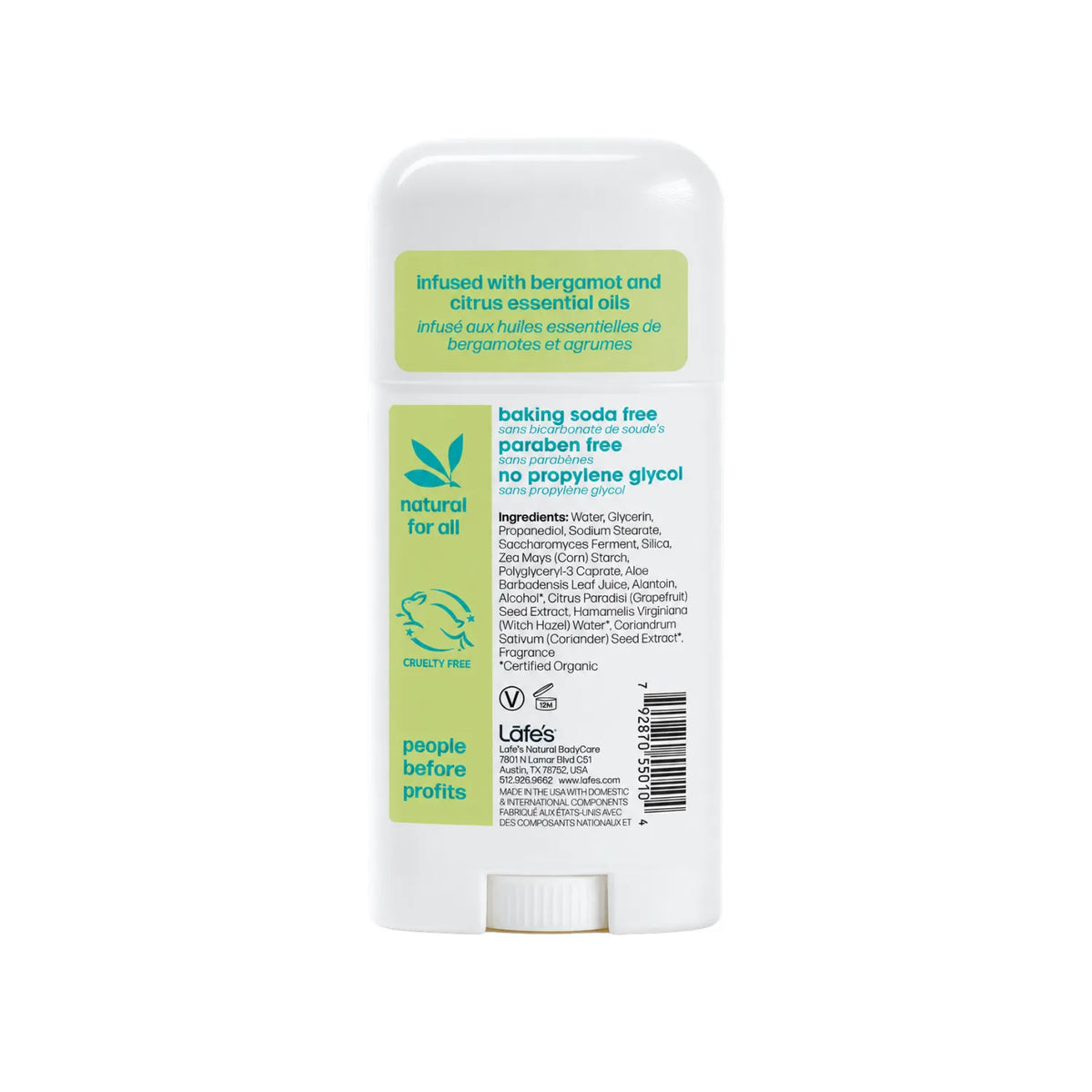 LAFE'S Desodorante Natural en Barra Citrus + Bergamota 2.25 oz | Protección contra el mal olor | Sin aluminio clorhidrato | Ingredientes naturales y orgánicos | Desodorante natural