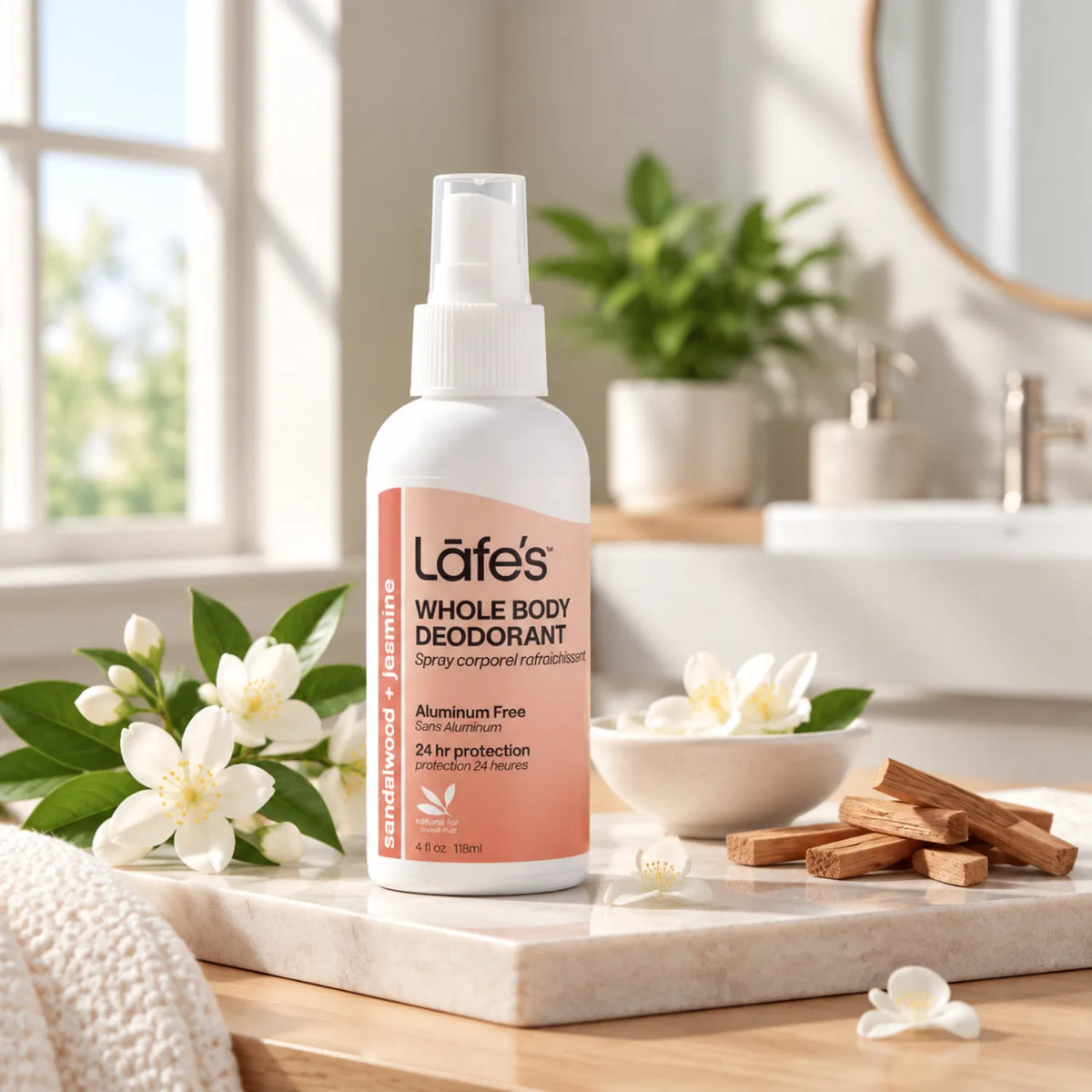 LAFE'S Desodorante Corporal Natural Sándalo + Jazmín 4 oz / 118 ml | Protección natural contra el mal olor | Con minerales y aceites esenciales | Sin aluminio ni químicos agresivos | Desodorante corporal natural