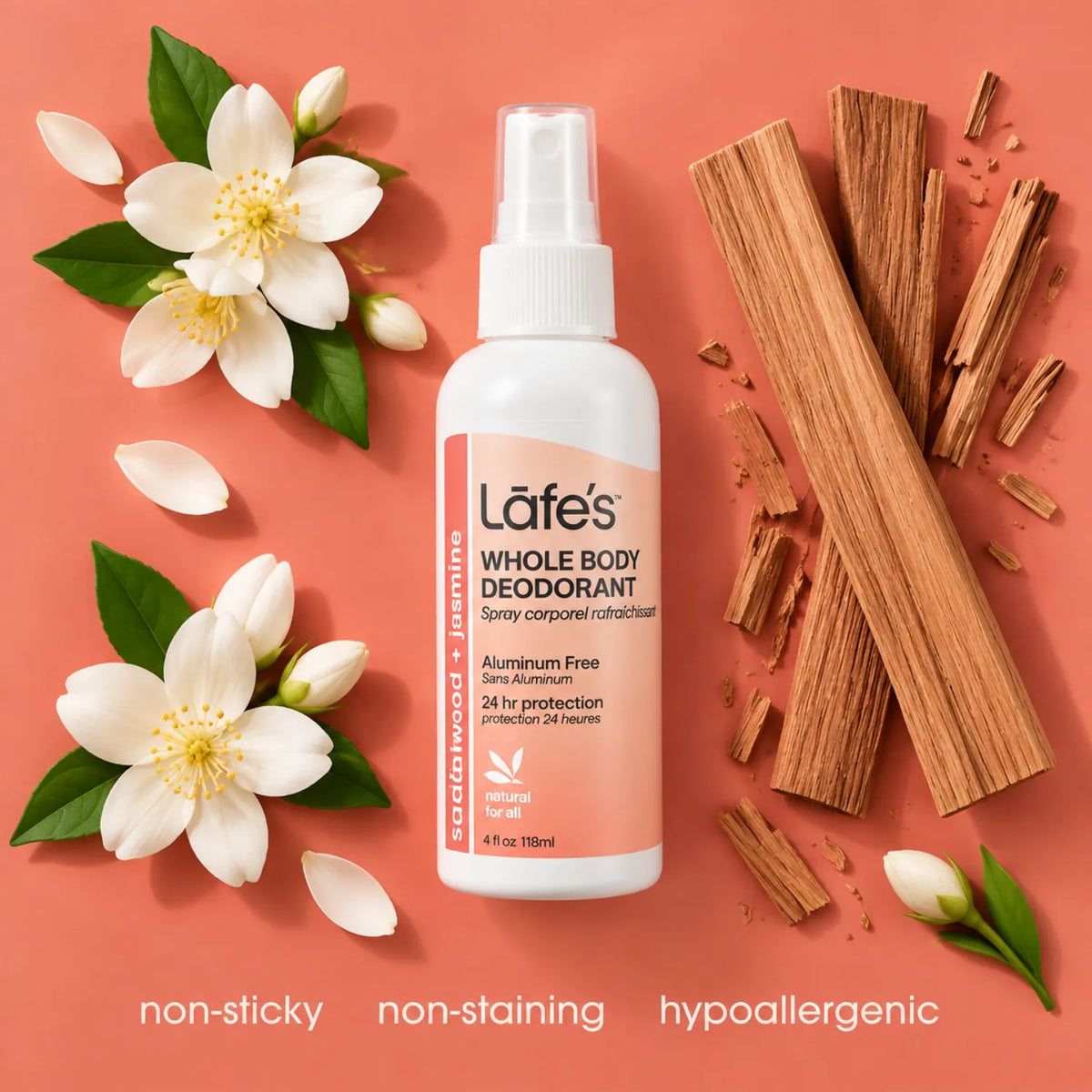 LAFE'S Desodorante Corporal Natural Sándalo + Jazmín 4 oz / 118 ml | Protección natural contra el mal olor | Con minerales y aceites esenciales | Sin aluminio ni químicos agresivos | Desodorante corporal natural