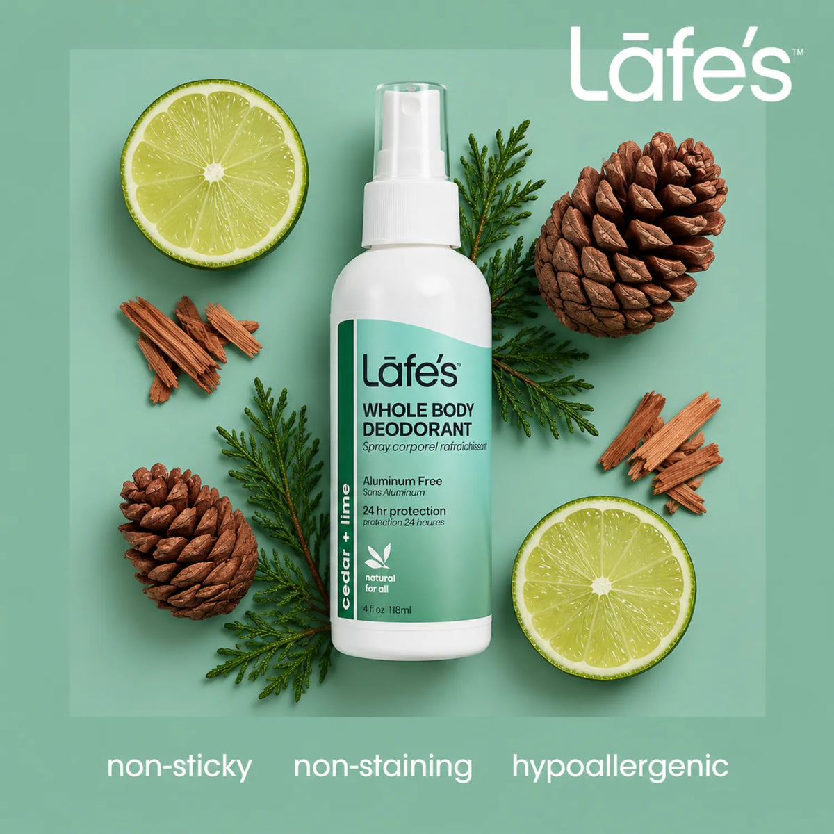 LAFE'S Desodorante Corporal Natural Cedro + Lima 4 oz / 118 ml | Protección natural contra el mal olor | Con minerales y aceites esenciales | Sin aluminio ni químicos agresivos | Desodorante corporal natural