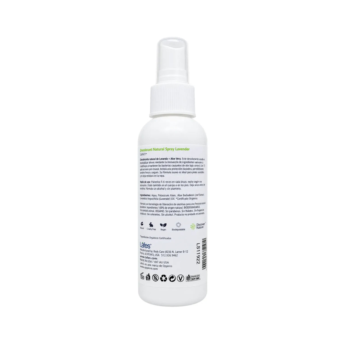 LAFE'S Desodorante Natural en Spray Lavanda + Aloe 4 oz / 118 ml | Protección contra el mal olor por 24 horas | Con aloe vera orgánico | Sin aluminio ni alcohol | Desodorante natural