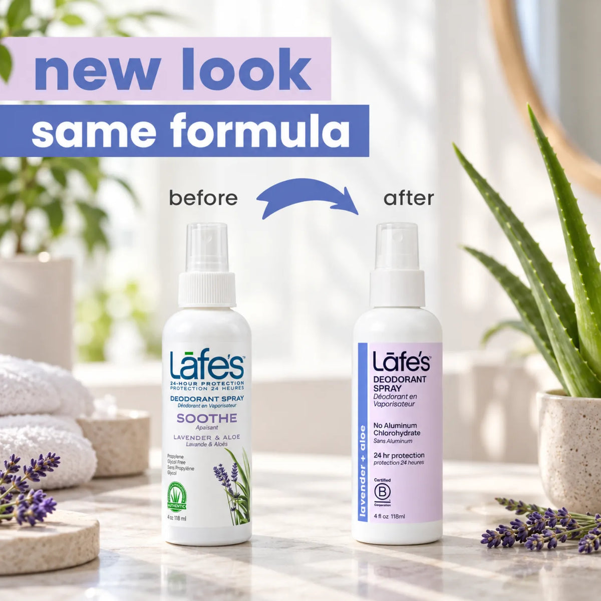 LAFE'S Desodorante Natural en Spray Lavanda + Aloe 4 oz / 118 ml | Protección contra el mal olor por 24 horas | Con aloe vera orgánico | Sin aluminio ni alcohol | Desodorante natural