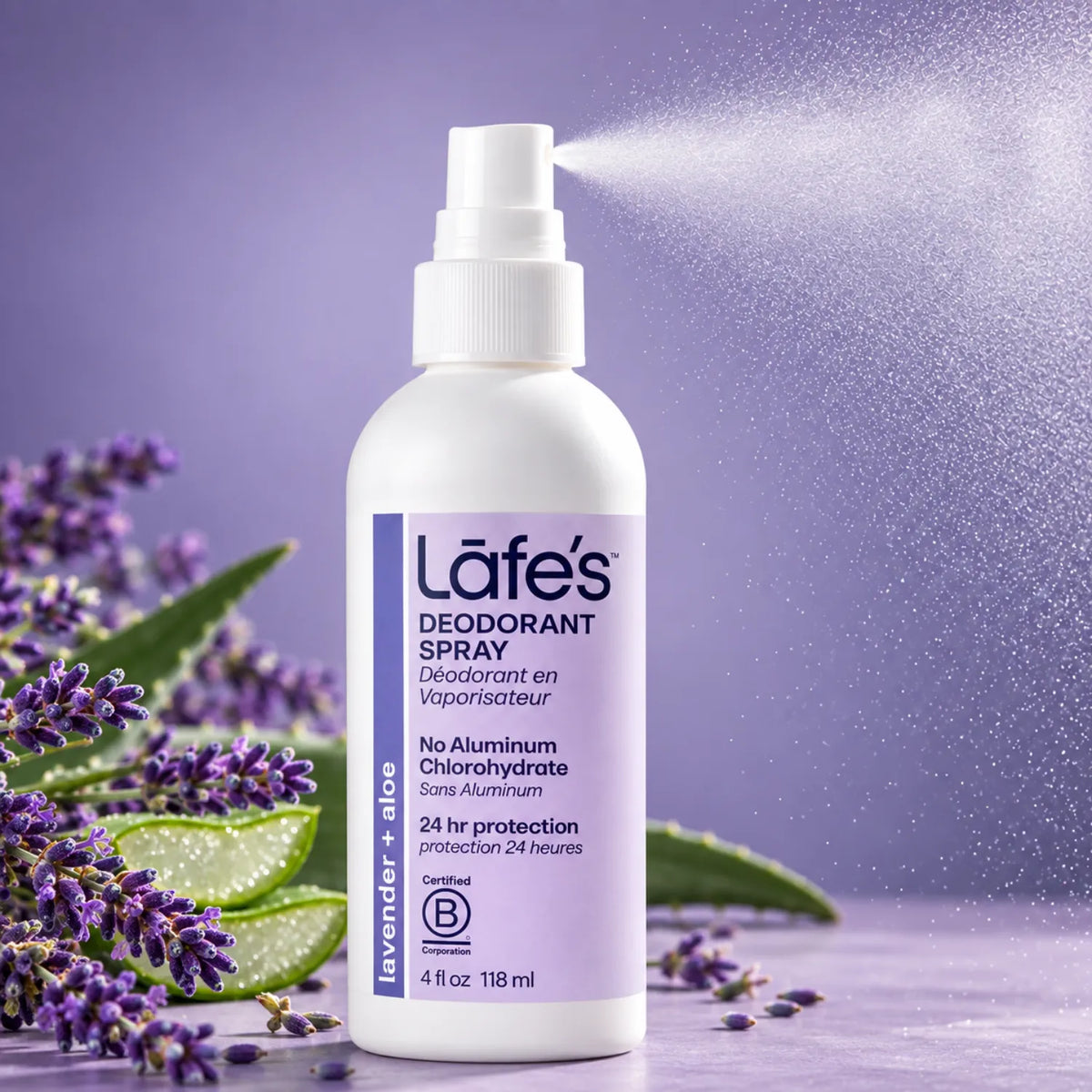 LAFE'S Desodorante Natural en Spray Lavanda + Aloe 4 oz / 118 ml | Protección contra el mal olor por 24 horas | Con aloe vera orgánico | Sin aluminio ni alcohol | Desodorante natural