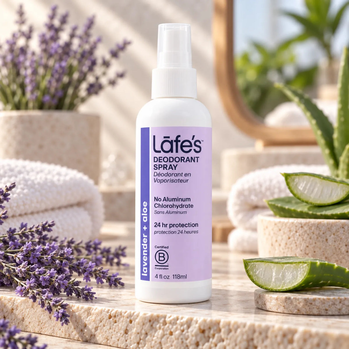 LAFE'S Desodorante Natural en Spray Lavanda + Aloe 4 oz / 118 ml | Protección contra el mal olor por 24 horas | Con aloe vera orgánico | Sin aluminio ni alcohol | Desodorante natural