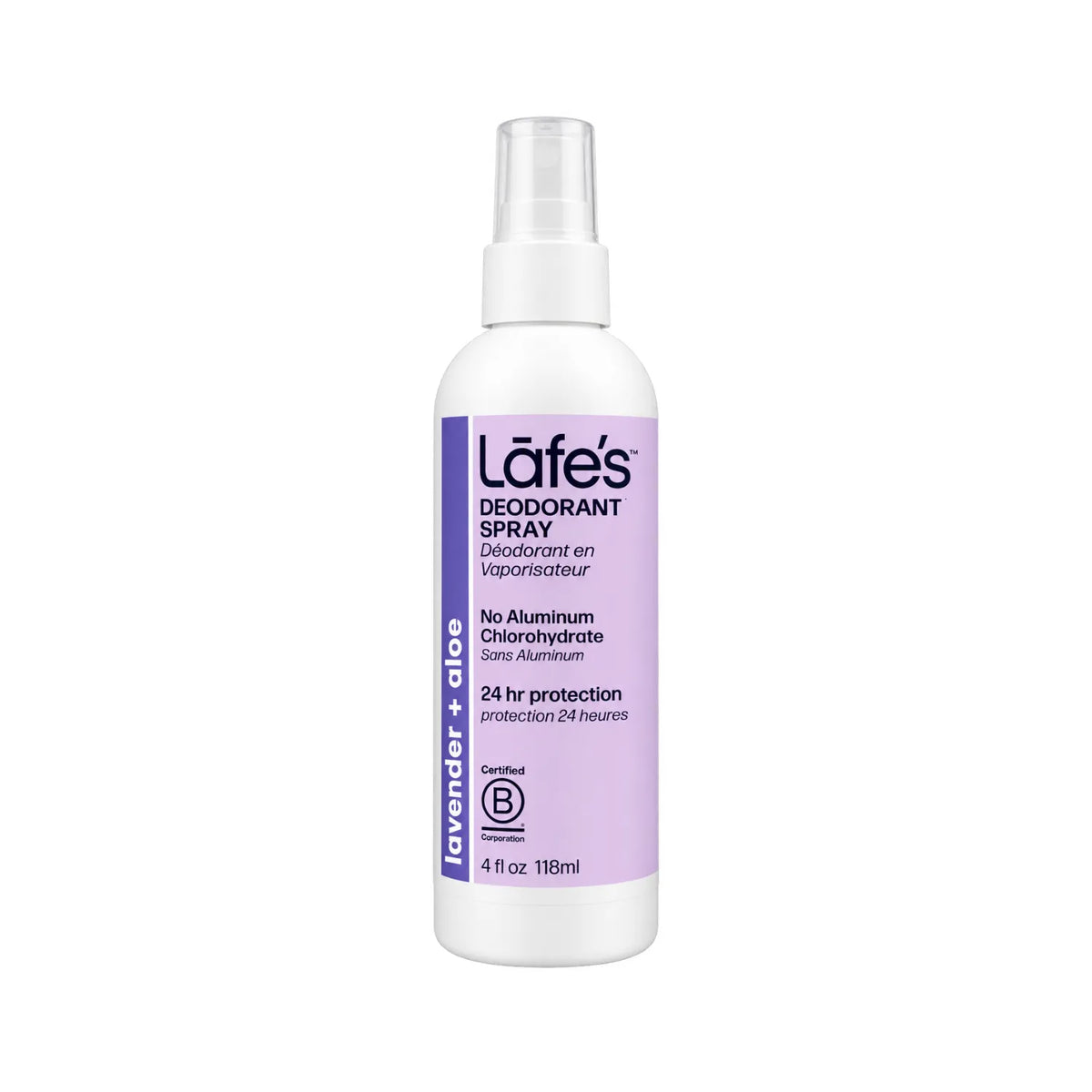 LAFE'S Desodorante Natural en Spray Lavanda + Aloe 4 oz / 118 ml | Protección contra el mal olor por 24 horas | Con aloe vera orgánico | Sin aluminio ni alcohol | Desodorante natural