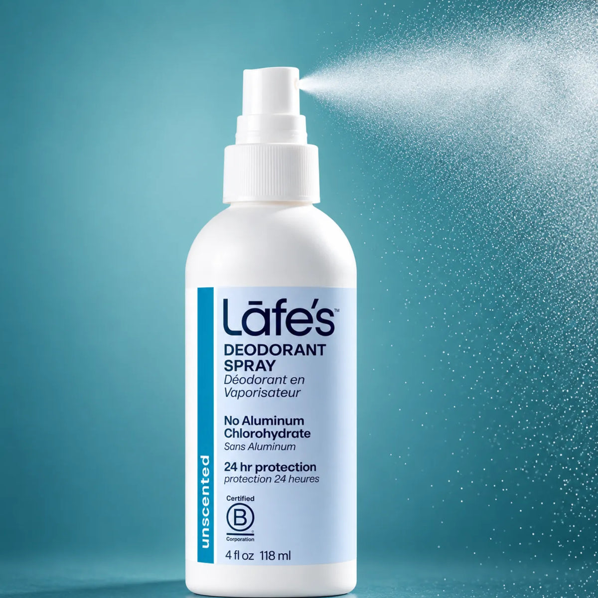 LAFE'S Desodorante Natural en Spray Sin Fragancia 4 oz / 118 ml | Protección contra el mal olor por 24 horas | Con aloe vera orgánico | Sin aluminio ni alcohol | Desodorante natural