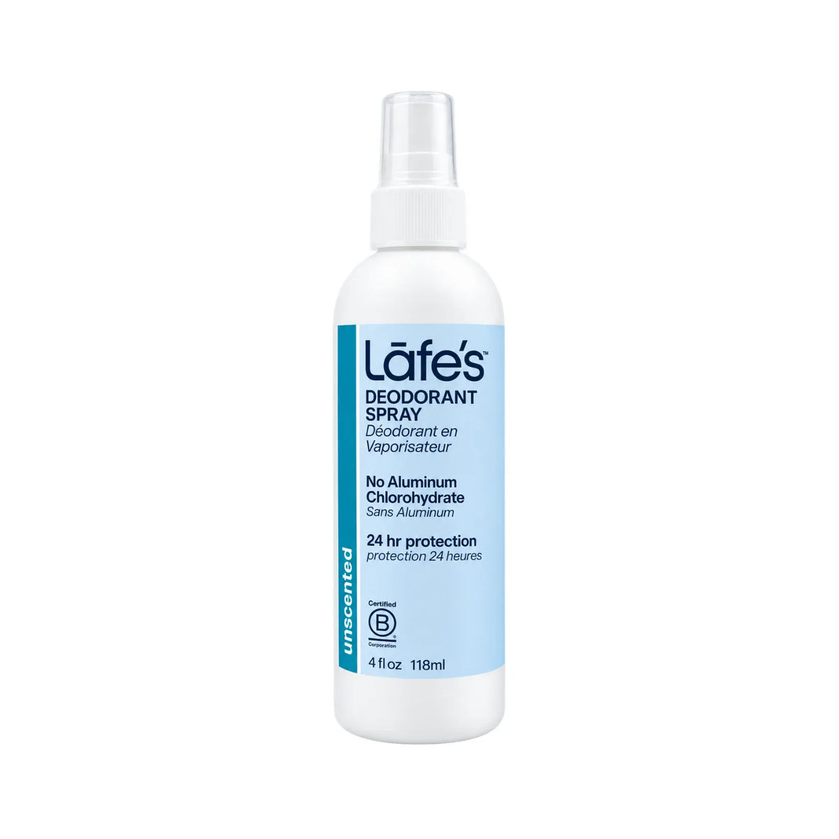 LAFE'S Desodorante Natural en Spray Sin Fragancia 4 oz / 118 ml | Protección contra el mal olor por 24 horas | Con aloe vera orgánico | Sin aluminio ni alcohol | Desodorante natural