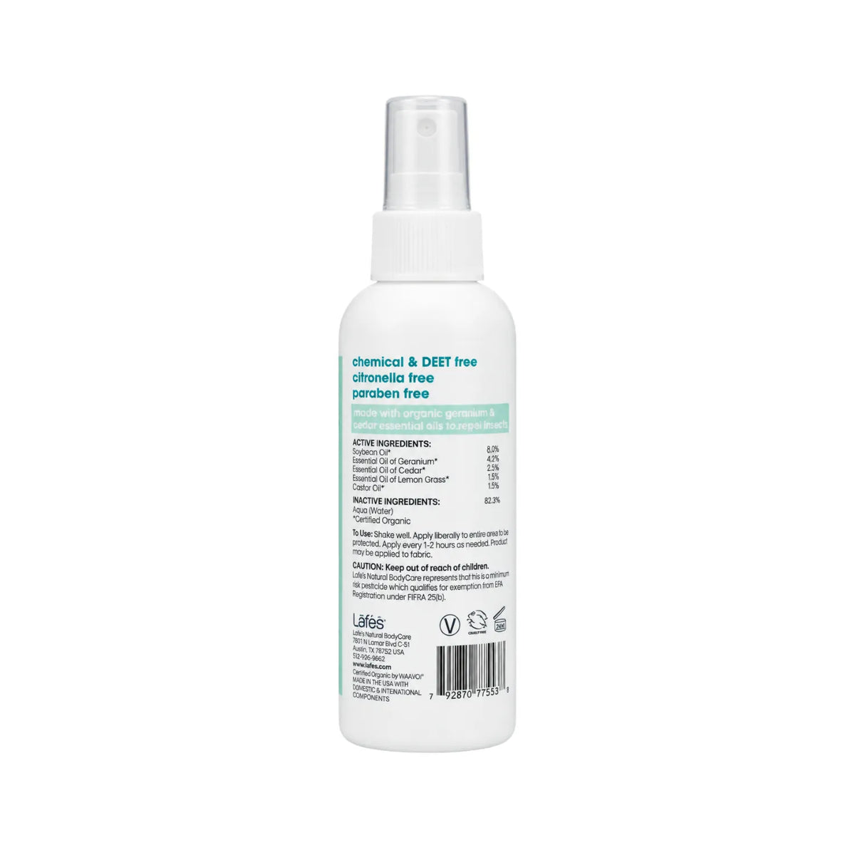 LAFE'S Repelente Natural de Insectos Orgánico Geranio + Cedro 4 oz / 116 ml | Protección natural contra mosquitos y garrapatas | 97% de ingredientes orgánicos certificados | Sin DEET ni químicos sintéticos | Repelente natural de insectos