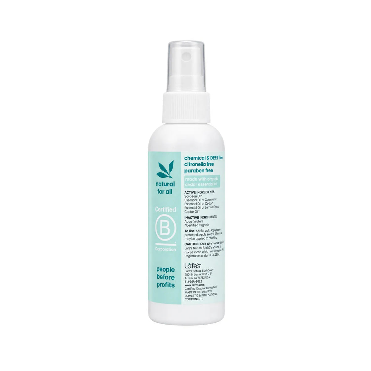 LAFE'S Repelente Natural de Insectos Orgánico Geranio + Cedro 4 oz / 116 ml | Protección natural contra mosquitos y garrapatas | 97% de ingredientes orgánicos certificados | Sin DEET ni químicos sintéticos | Repelente natural de insectos