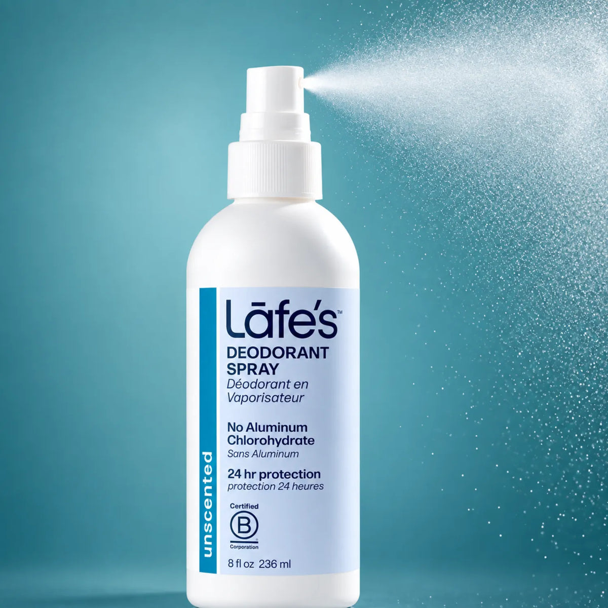 LAFE'S Desodorante Natural en Spray Sin Fragancia 8 fl oz / 236 ml | Protección contra el mal olor por 24 horas | Con aloe vera orgánico | Sin aluminio ni alcohol | Desodorante natural