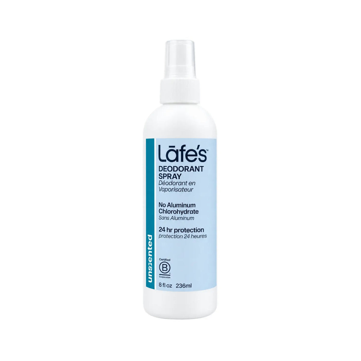 LAFE'S Desodorante Natural en Spray Sin Fragancia 8 fl oz / 236 ml | Protección contra el mal olor por 24 horas | Con aloe vera orgánico | Sin aluminio ni alcohol | Desodorante natural