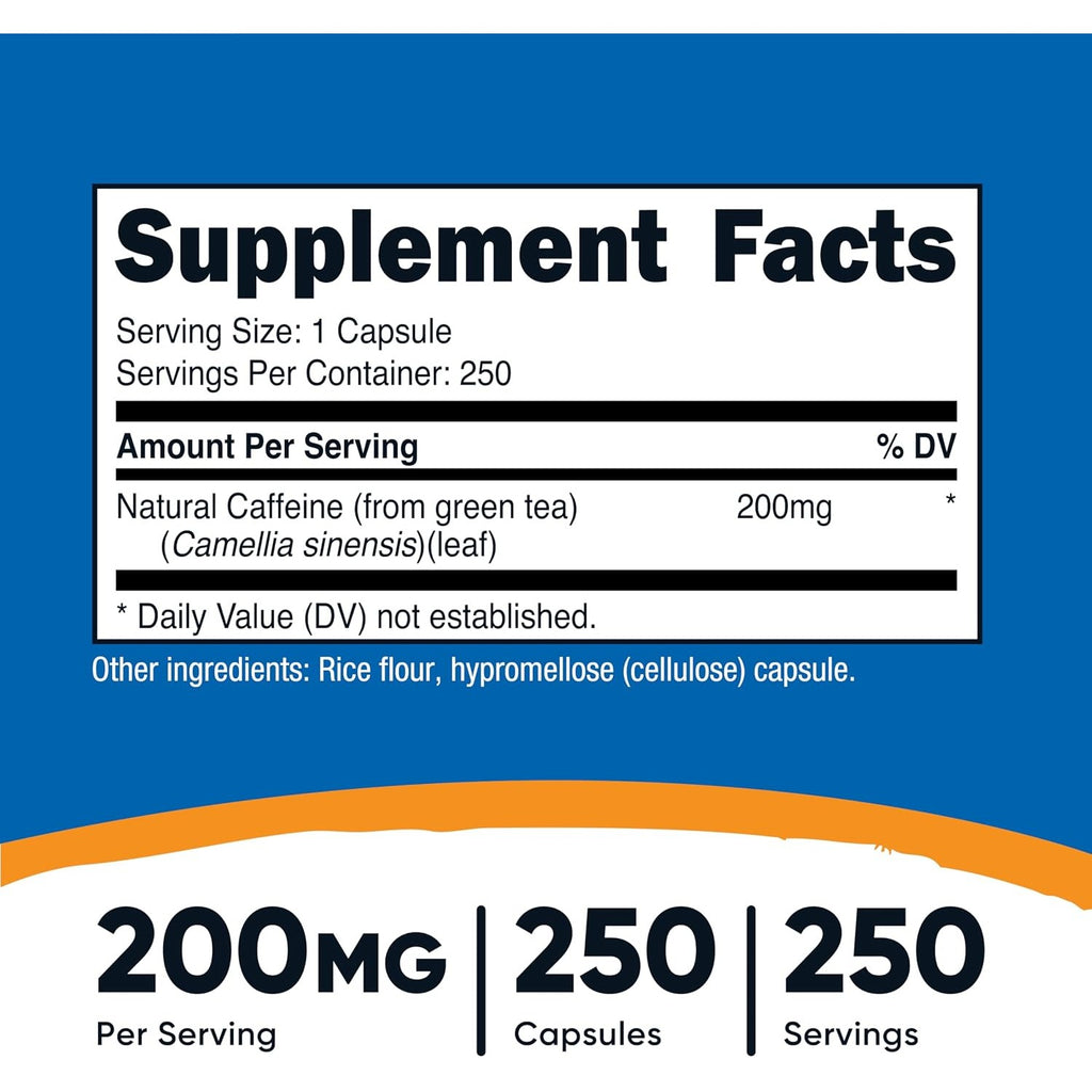 Nutricost Cafeína Natural 200 mg 250 Cápsulas