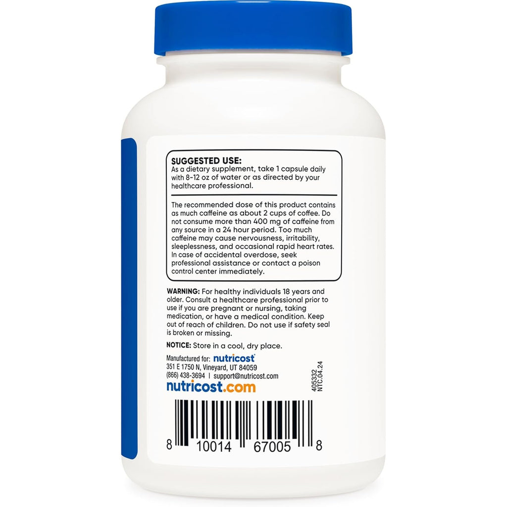 Nutricost Cafeína Natural 200 mg 250 Cápsulas