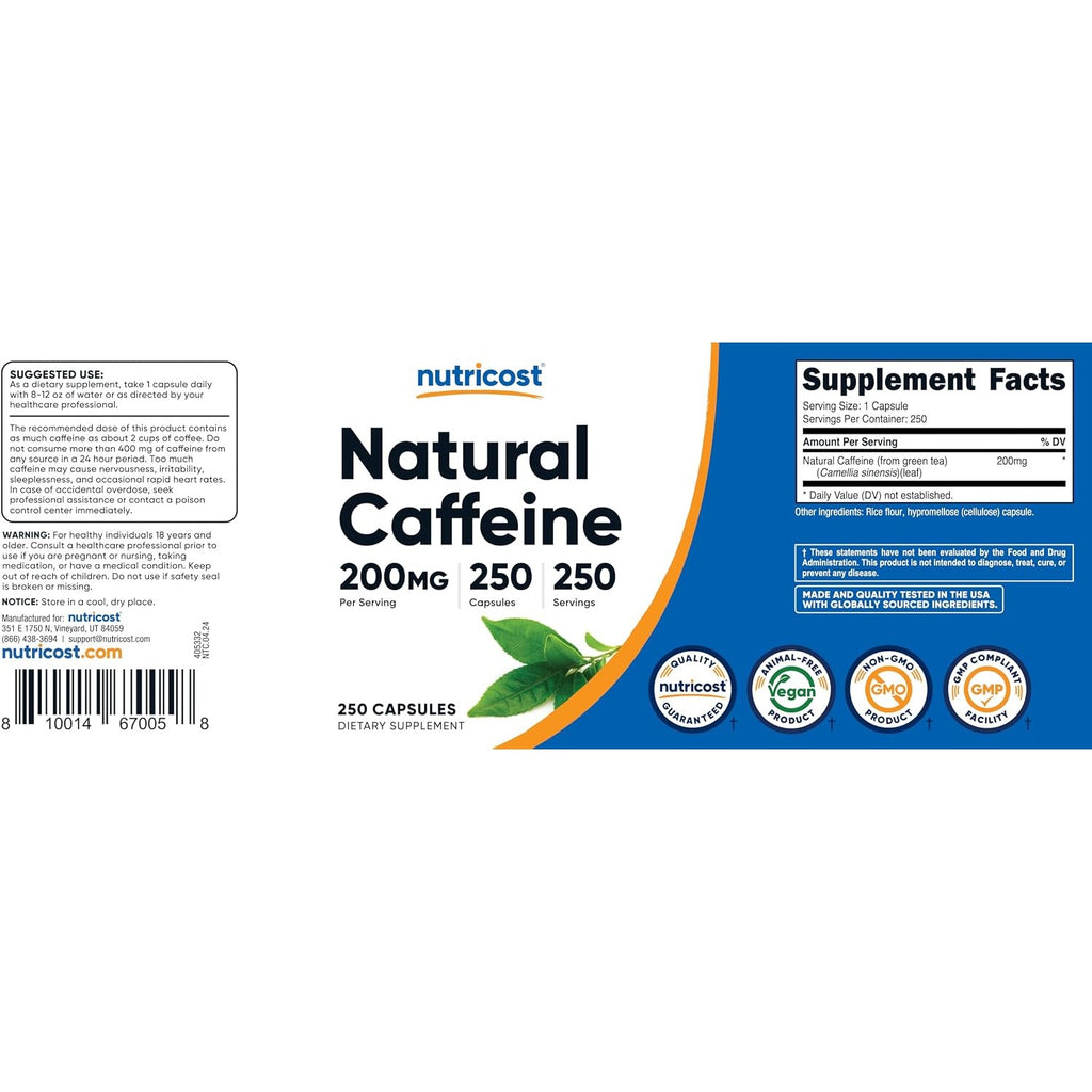 Nutricost Cafeína Natural 200 mg 250 Cápsulas