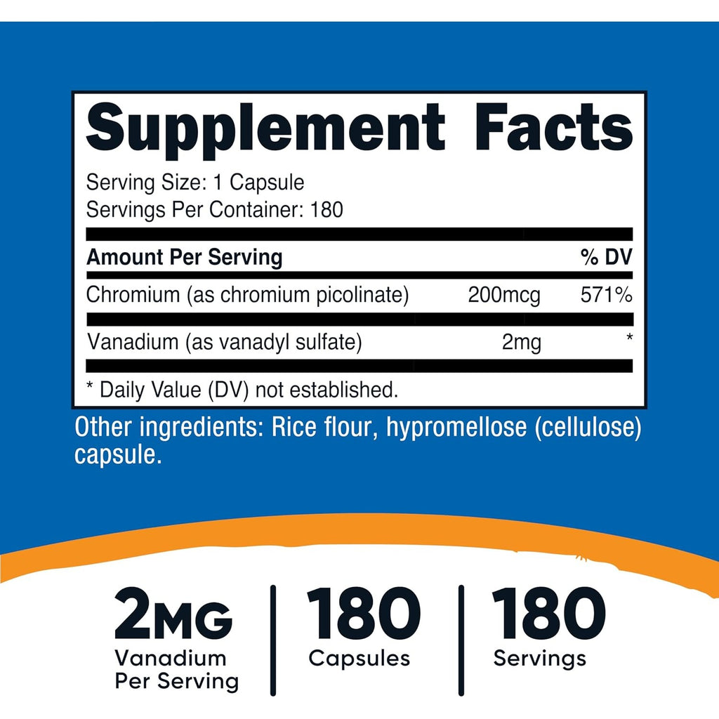 Nutricost Vanadio + Cromo 2 mg 180 Cápsulas Vegetales