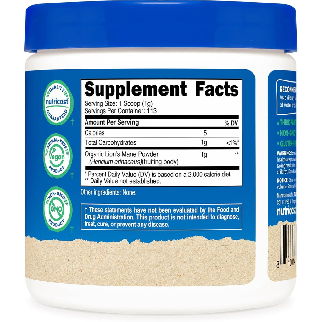 Nutricost Hongo Melena de León 100% Orgánico 113 g