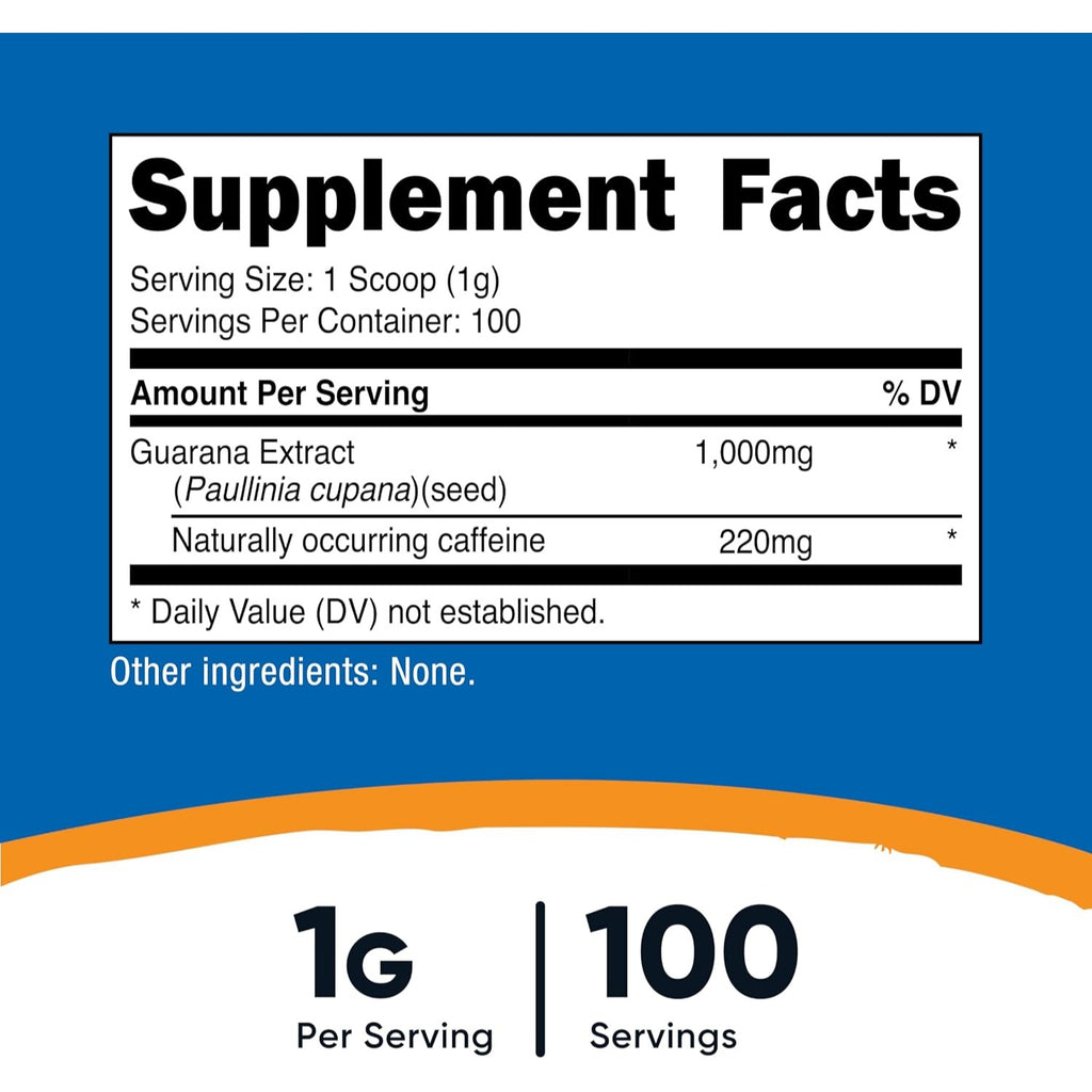 Nutricost Extracto de Guaraná en Polvo 1000 mg 100 g 100 Porciones