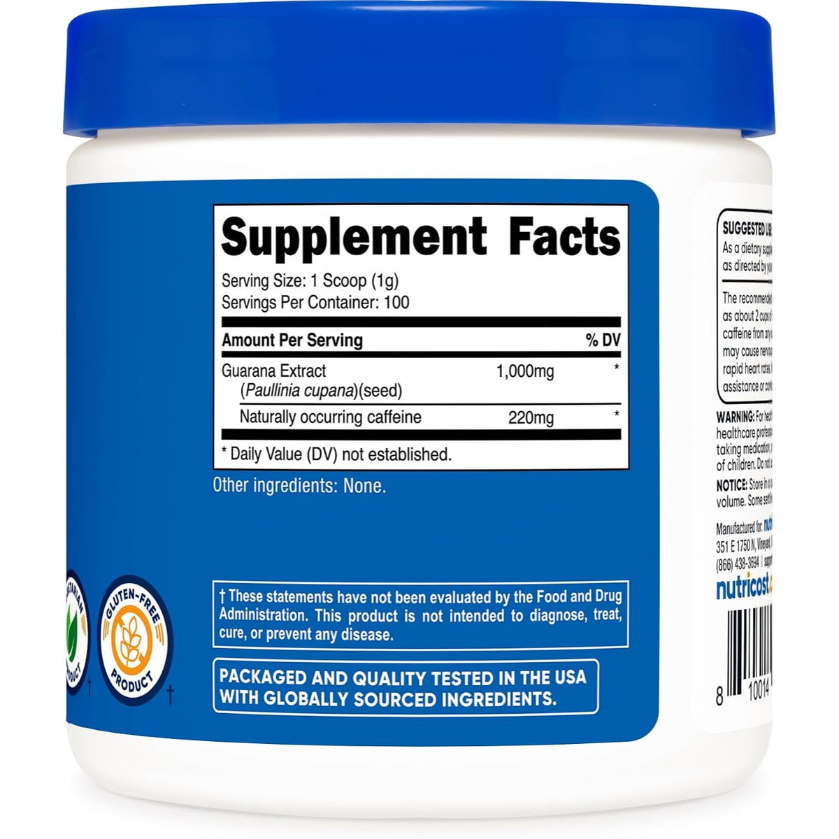 Nutricost Extracto de Guaraná en Polvo 1000 mg 100 g 100 Porciones