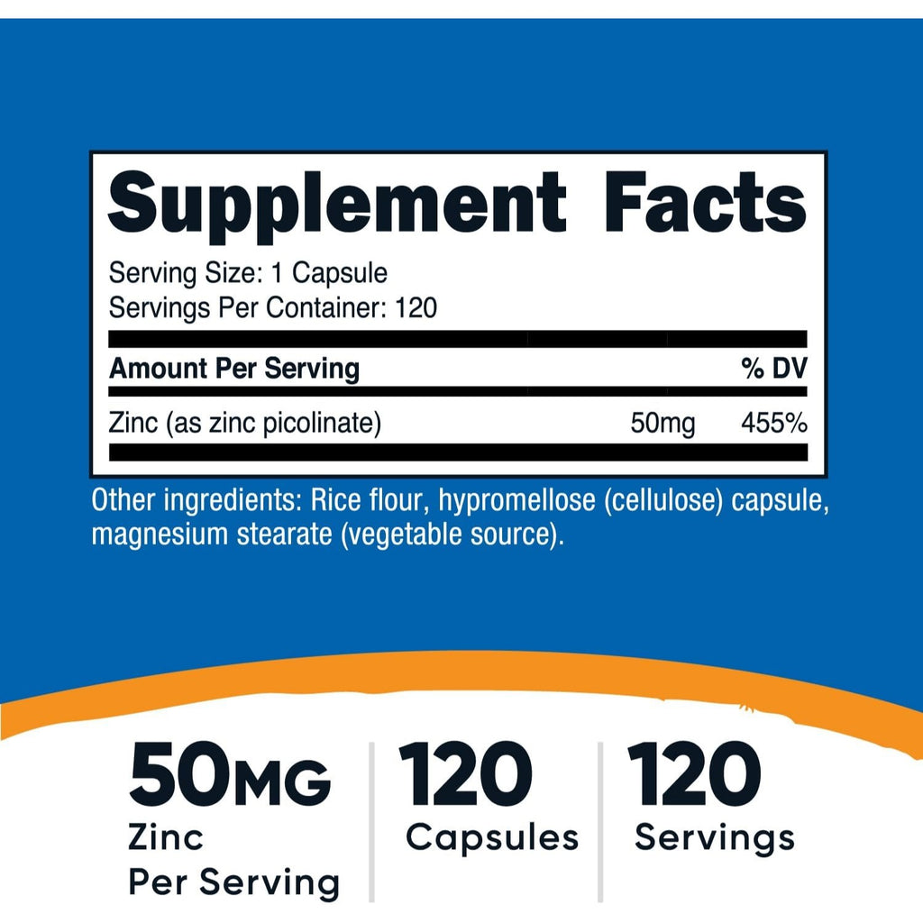 Nutricost Picolinato de Zinc 50 mg 120 Cápsulas Vegetales