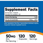 Nutricost Picolinato de Zinc 50 mg 120 Cápsulas Vegetales