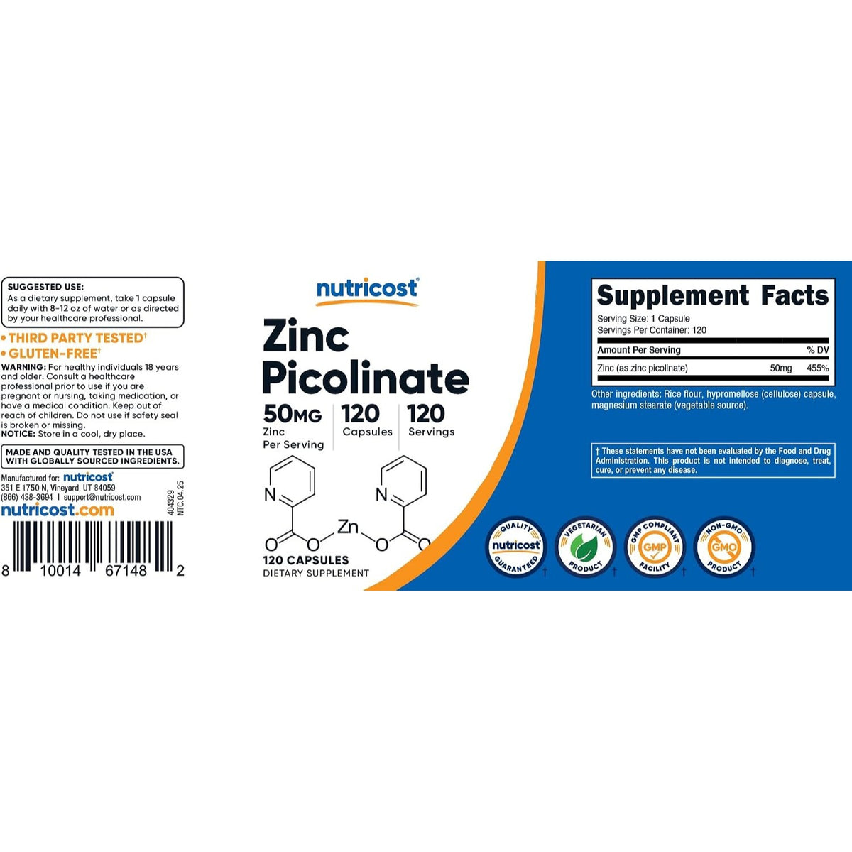 Nutricost Picolinato de Zinc 50 mg 120 Cápsulas Vegetales