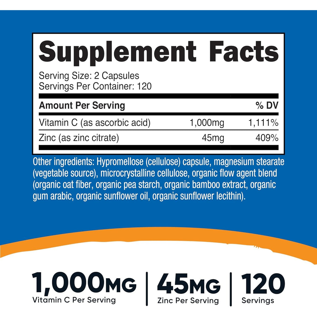 Nutricost Vitamina C 1000 mg con Zinc 240 Cápsulas Vegetales