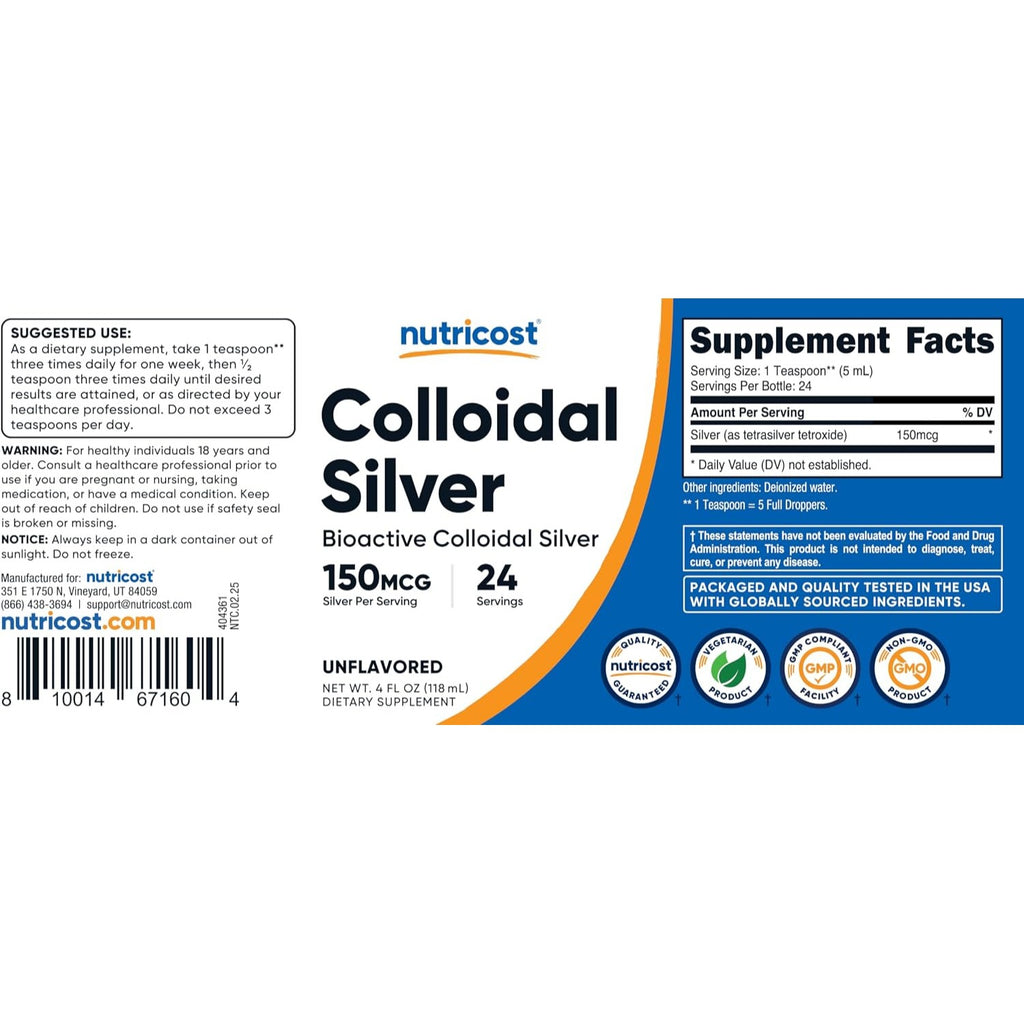 Nutricost Plata Coloidal 150 mcg 118 ml (4 oz) Gotas
