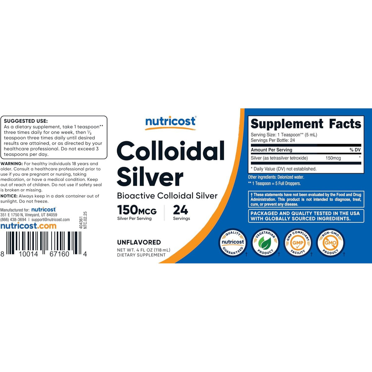 Nutricost Plata Coloidal 150 mcg 118 ml (4 oz) Gotas