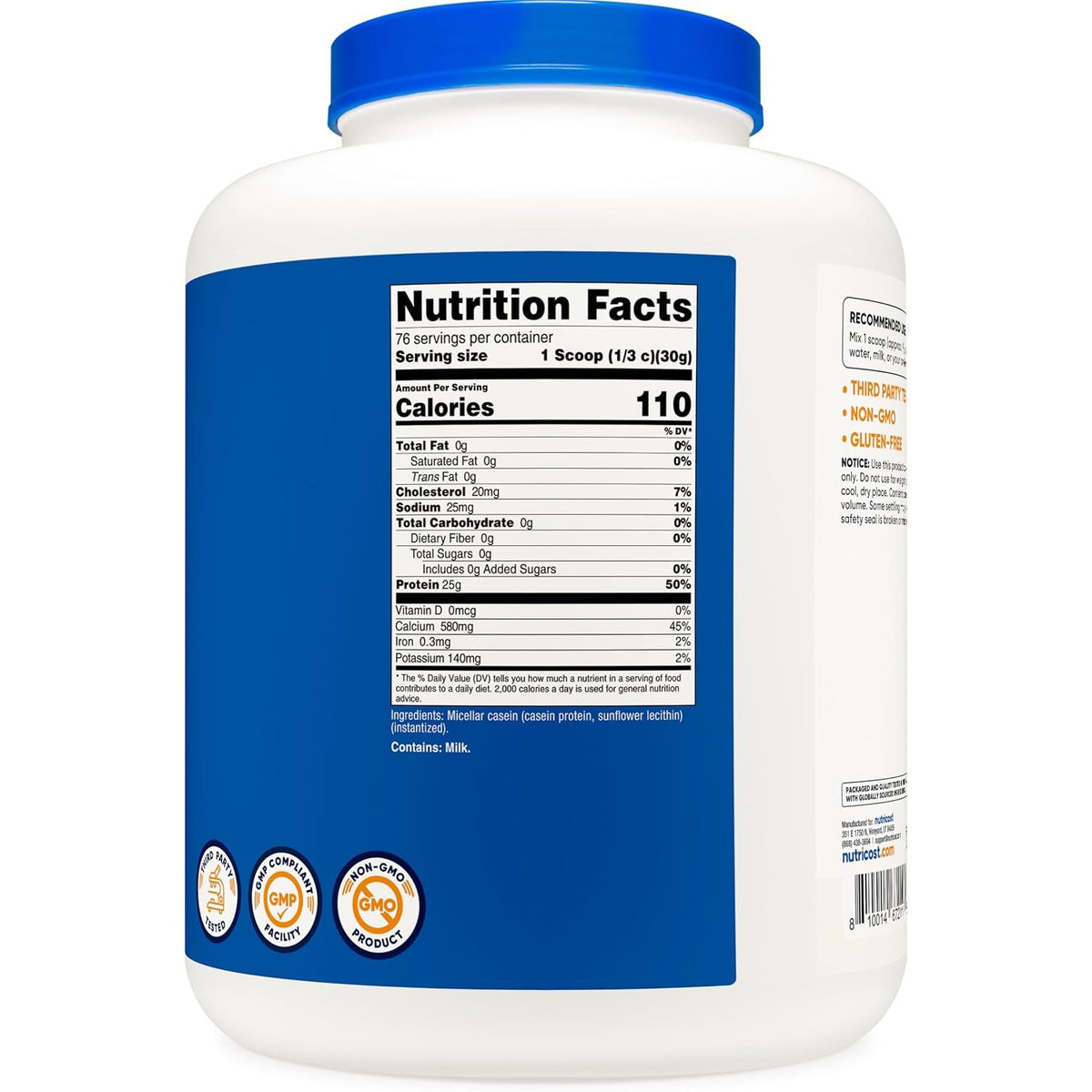 Nutricost Proteína de Caseína 71 Porciones 2268 g Sin Sabor