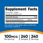 Nutricost Vitamina K2 MK-7 100 mcg, 240 cápsulas blandas, sin gluten, sin OMG