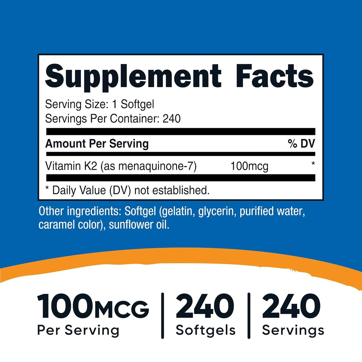 Nutricost Vitamina K2 MK-7 100 mcg, 240 cápsulas blandas, sin gluten, sin OMG