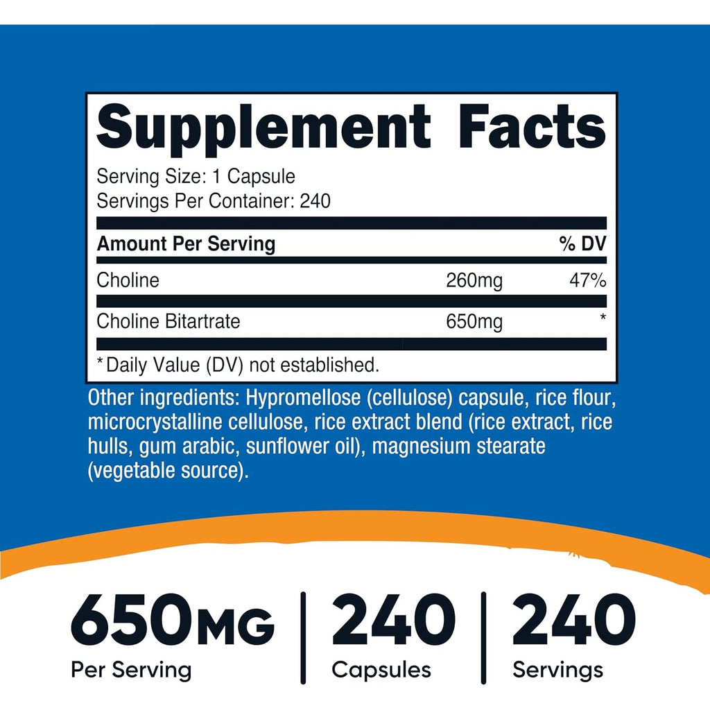 Nutricost Bitartrato de Colina 650 mg 240 Cápsulas Vegetales