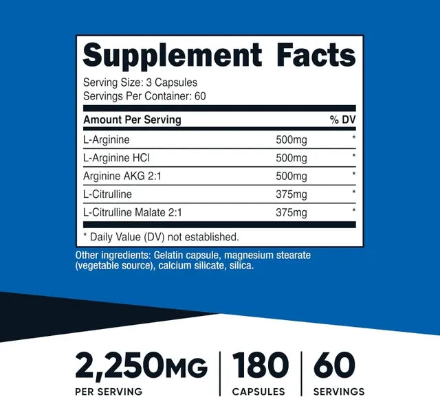 Nutricost Potenciador de óxido nítrico 2250 mg | 180 Cápsulas
