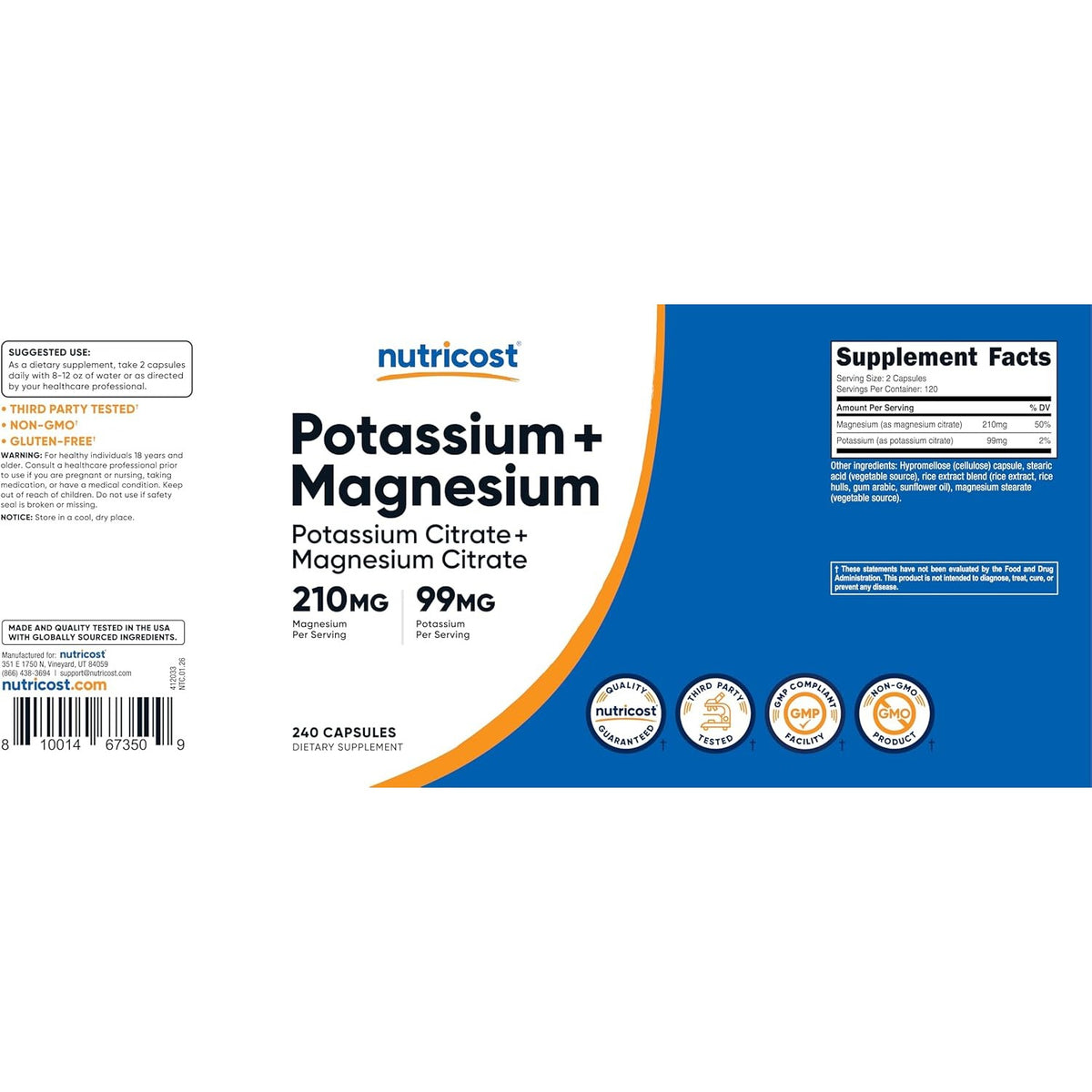 Nutricost Potasio y Magnesio 99 mg / 210 mg 240 Cápsulas