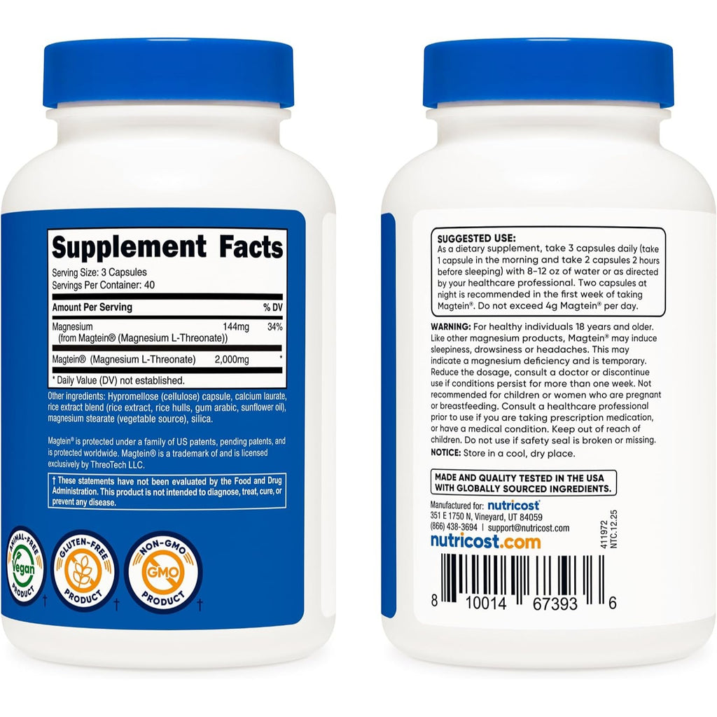 Nutricost Magtein L-Treonato de Magnesio 2000 mg 120 Cápsulas