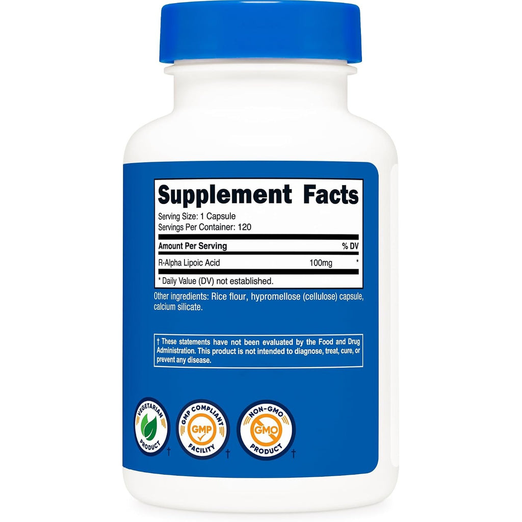 Nutricost Ácido R-Alfa Lipoico 100 mg 120 Cápsulas Vegetales