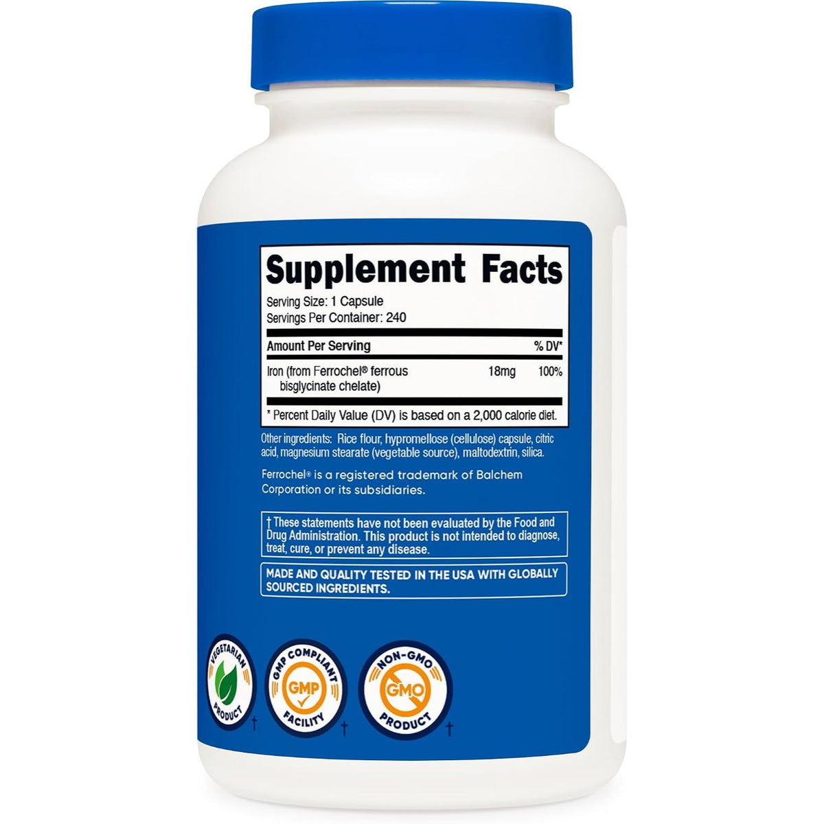 Nutricost Hierro Quelado Ferrochel 18 mg 240 Cápsulas