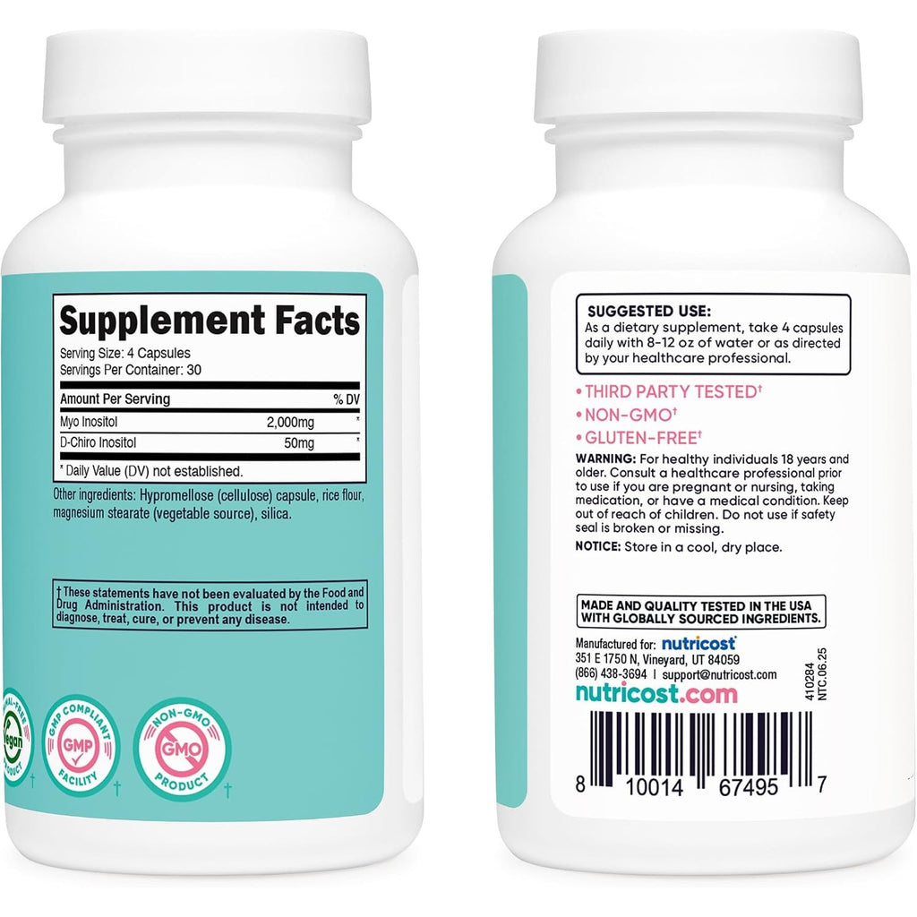 Nutricost Mio-inositol y D-chiro-inositol Equilibrio Hormonal, Salud Reproductiva y Metabólica 120 Cápsulas