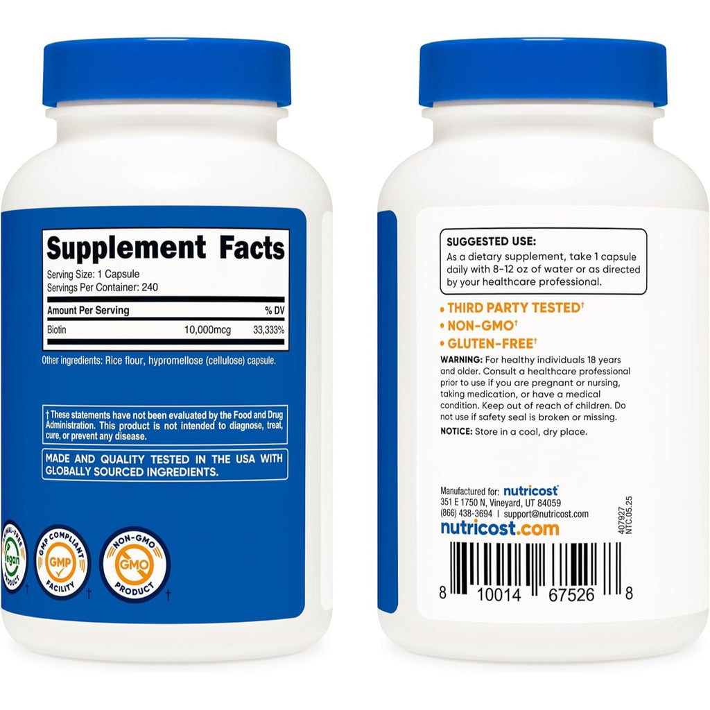 Nutricost Biotina 10,000 mcg 240 Cápsulas Vegetales