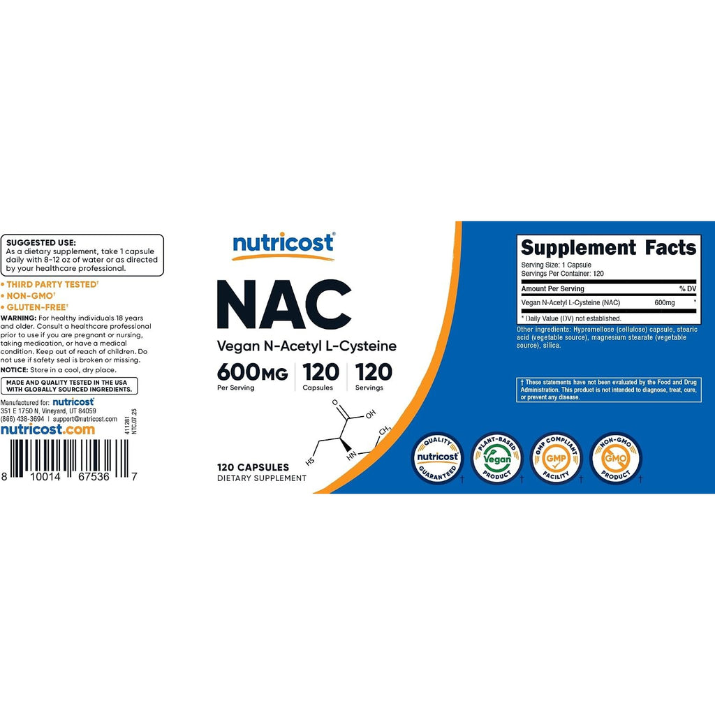 Nutricost NAC N-acetil L-cisteína 600 mg 120 Cápsulas