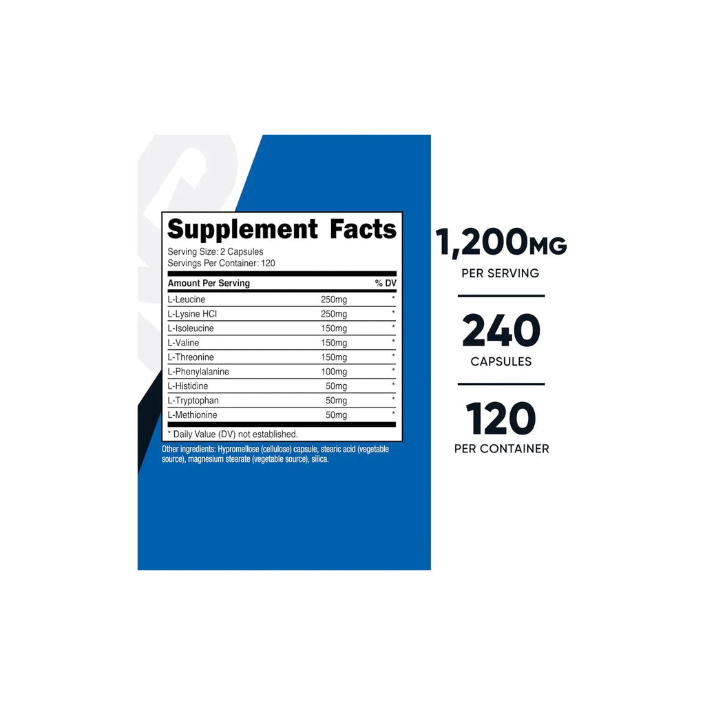 Nutricost EAA Cápsulas - 1200 mg de Aminoácidos Esenciales por Porcion - 240 Cápsulas - 120 Ser -Sin OMG - Sin gluten - Veganas