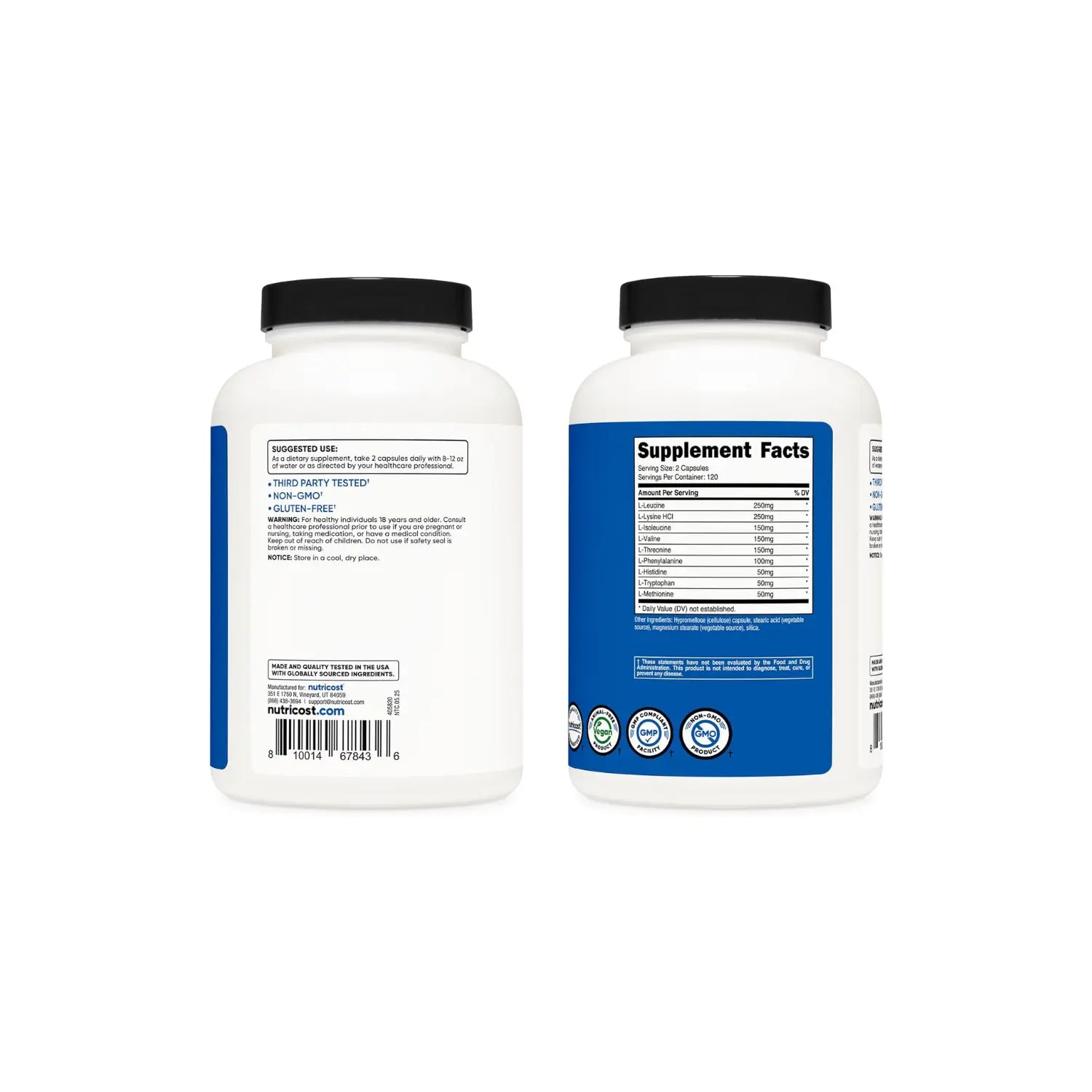 Nutricost EAA Cápsulas - 1200 mg de Aminoácidos Esenciales por Porcion - 240 Cápsulas - 120 Ser -Sin OMG - Sin gluten - Veganas